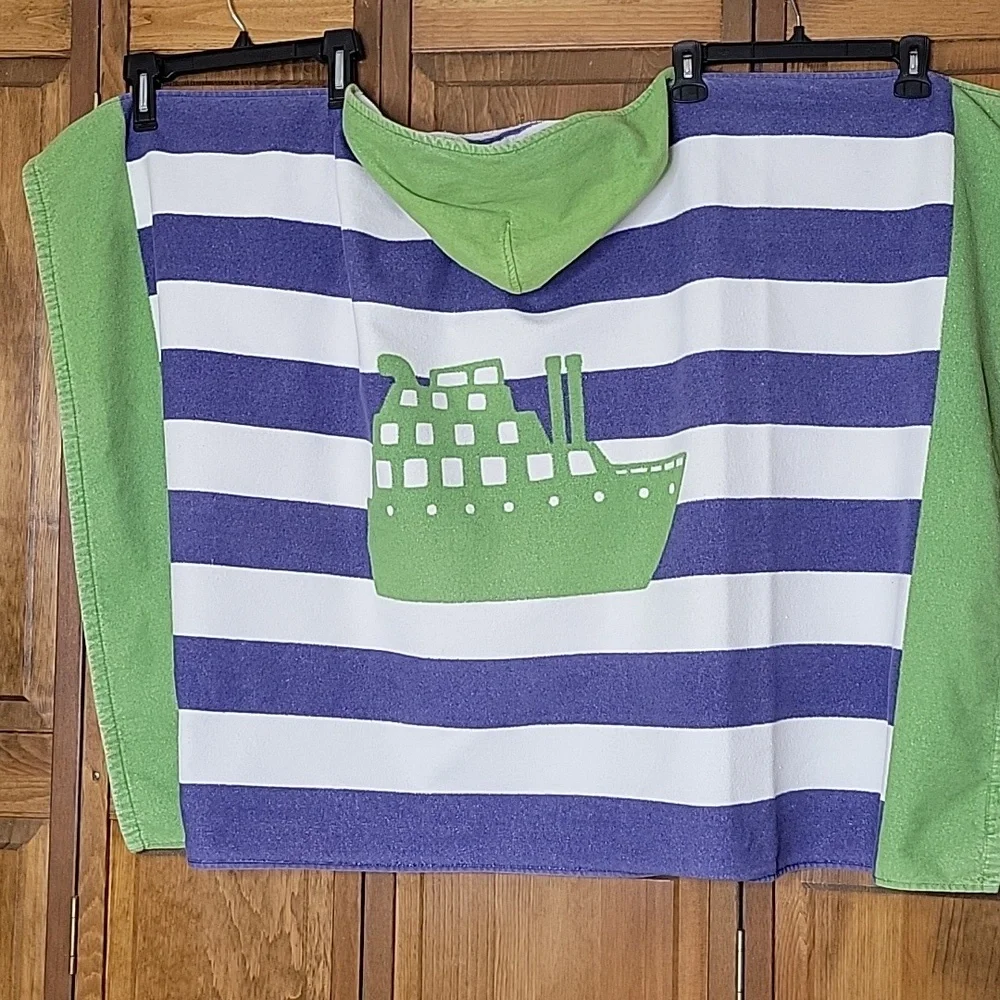Pottery Barn Kids Blue and White Stripe With Ship Hooded Towel